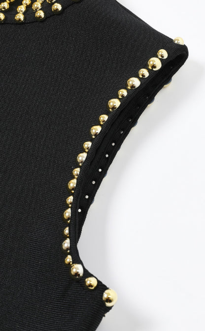 Black Heavyweight Stretch Knit Bodycon Dress with Gold Beaded Details