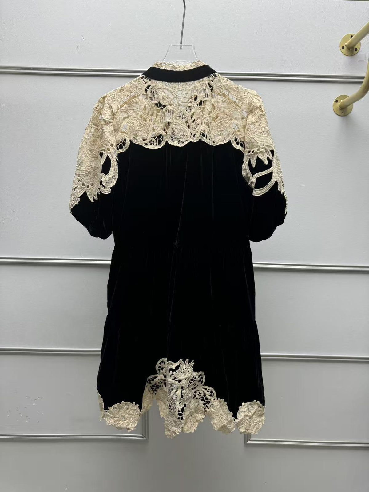 Black Velvet A-Line Babydoll Dress with Cream Lace Overlay