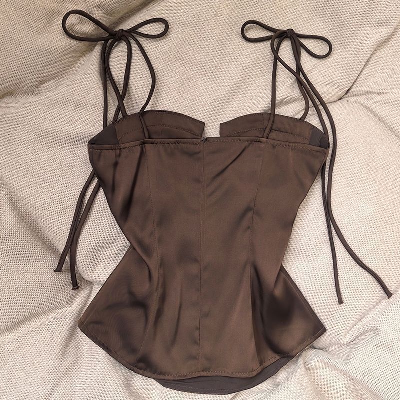 Dark Brown Satin Structured Corset Top