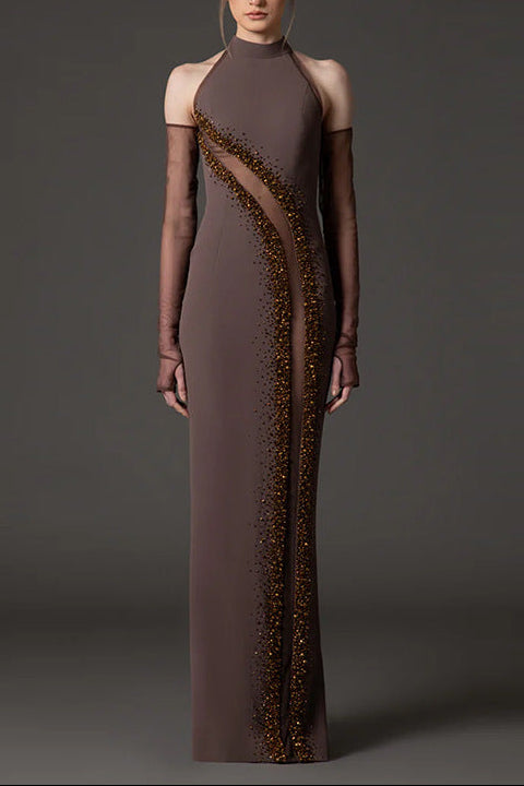 vivien Brown Beading High Neck Maxi Dress