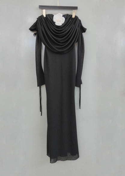 lila flower embellished pleated strapless maxi dress in black