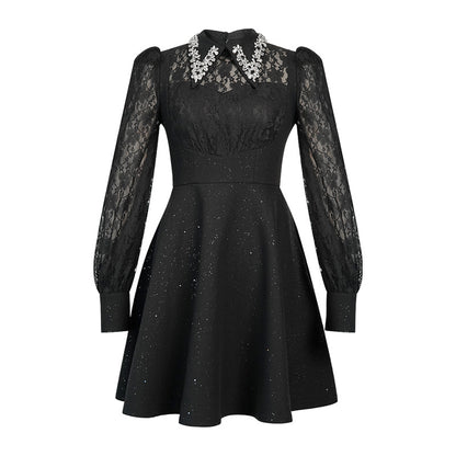 lynn black rhinestone collar neck lace hollow sleeve mini dress