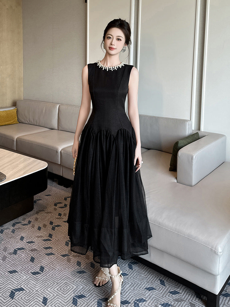 mandy black pearl neck sleeveless puffy maxi Dress