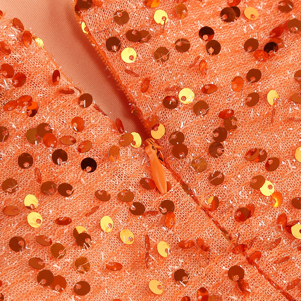 Orange Sequin One-Shoulder Floor-Length Gown