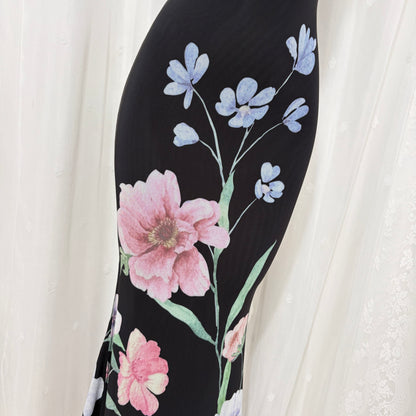 Black Floral Print Strapless Mermaid Maxi Dress
