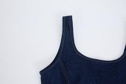 Dark Blue Denim Fit-and-Flare Midi Dress
