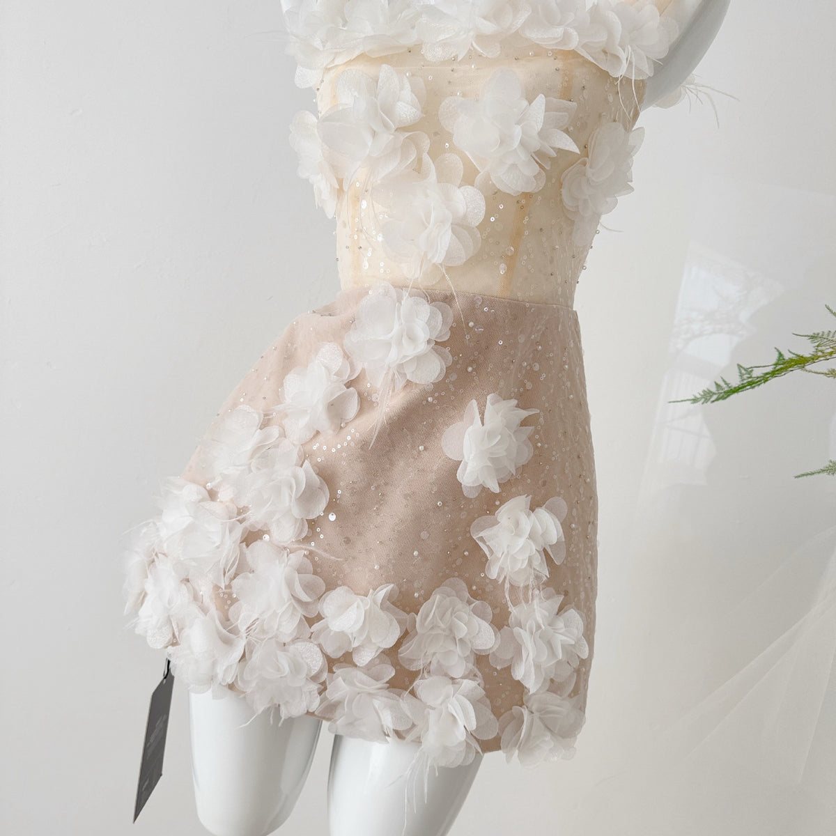 Nude Mesh Overlay Fitted Sheath Mini Dress with 3D Floral Appliqué