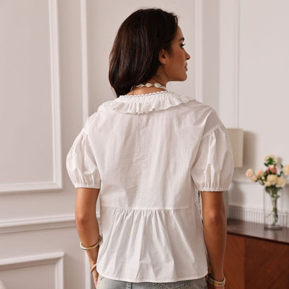embroidered cotton short-sleeved lace hollow button top