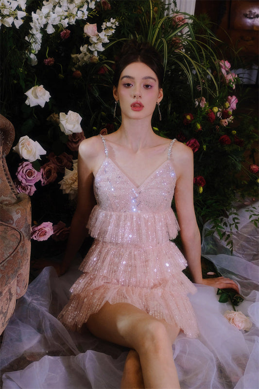 Pink Sleeveless Sequin layer ruffle short Dinner Dress