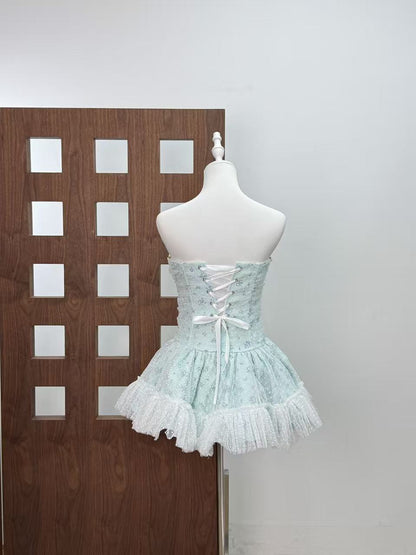 irene floral print strapless tulle mini dress in blue