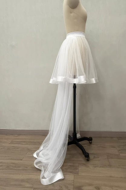 White Satin Trim Two-Layer High Low Tulle Overlay Skirt