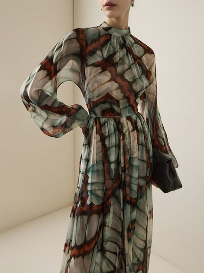 Abstract Butterfly Print Chiffon Maxi Dress