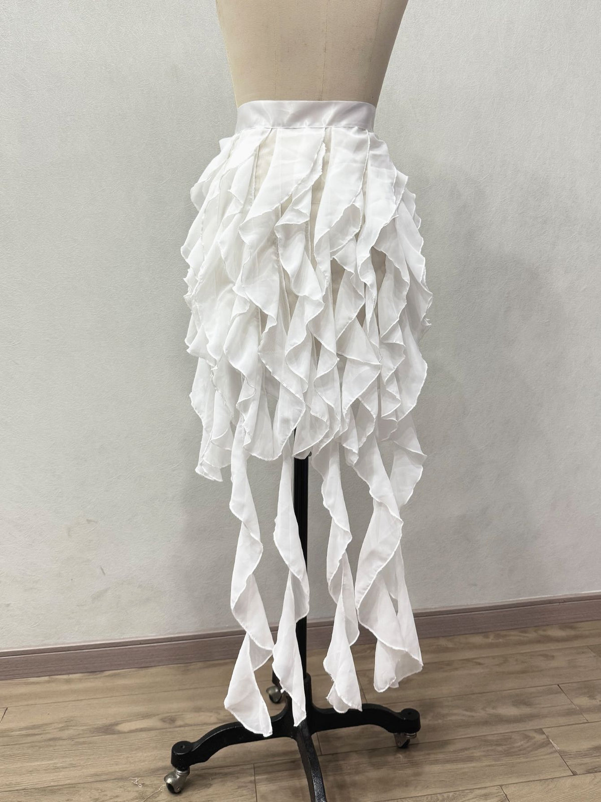 Multi-Layer Cascading Ruffle Asymmetric Streamer Chiffon Skirt