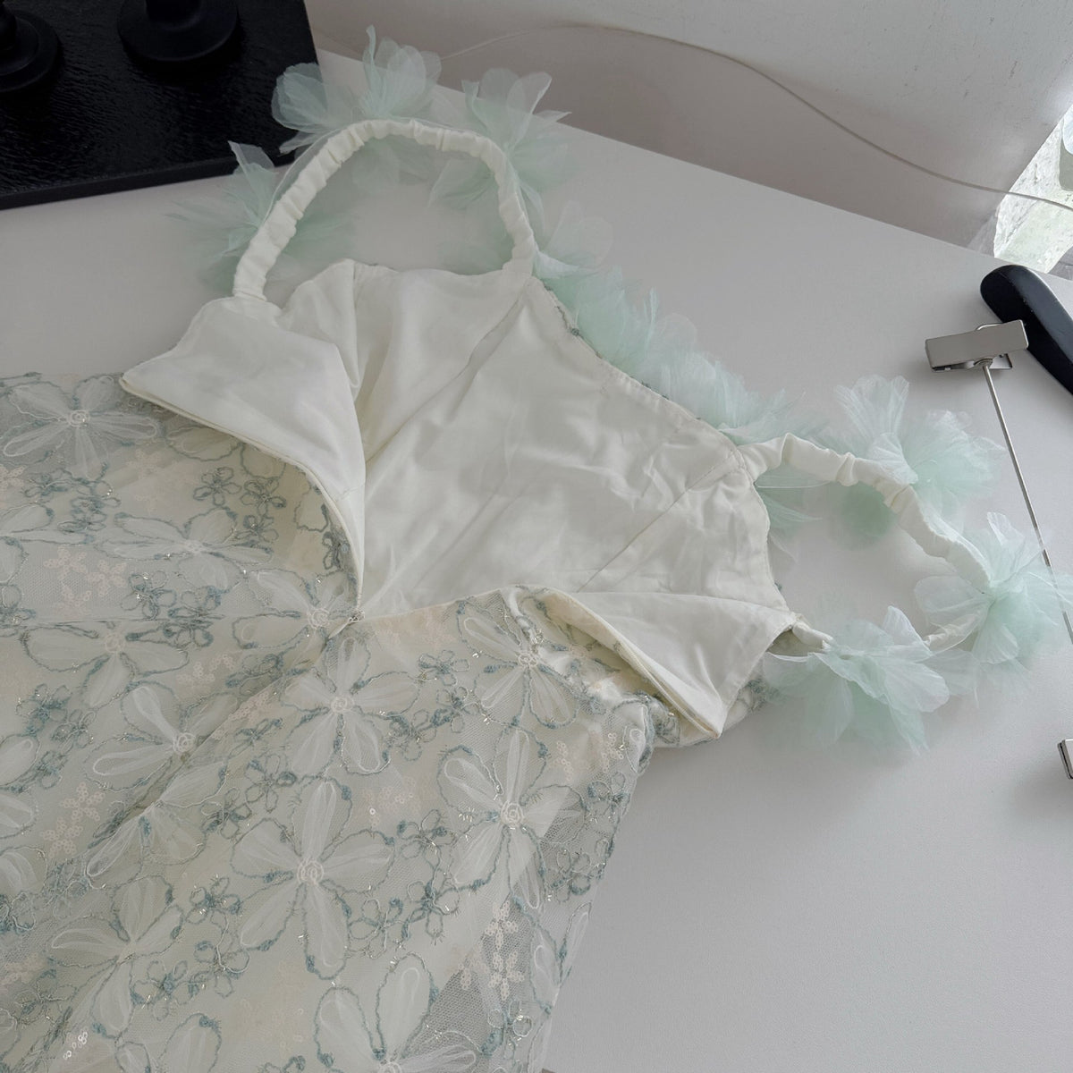 Pale Sage Green Organza Fit-and-Flare Mini Dress with Floral Embroidery