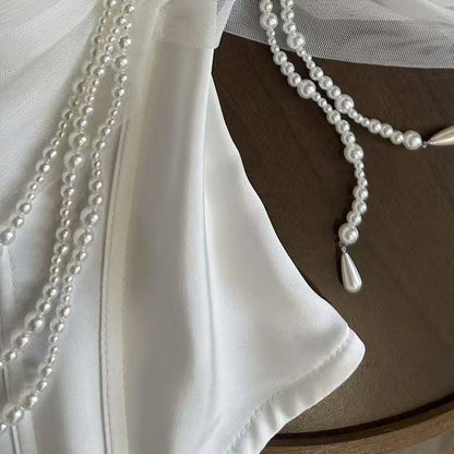 White Structured Satin Corset Top with Pearl-Embellished Off-Shoulder Sleeves