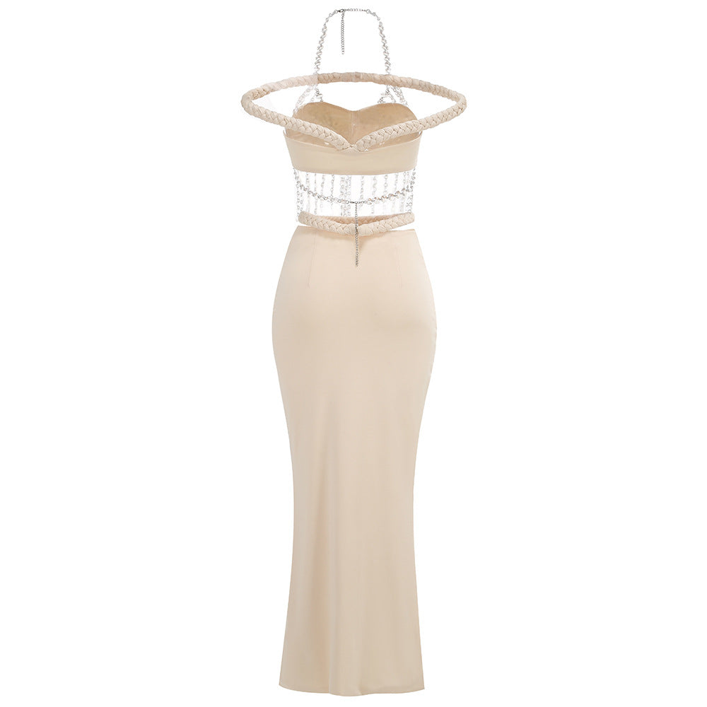 crystal chain embellished fishtail skirt set in apricot