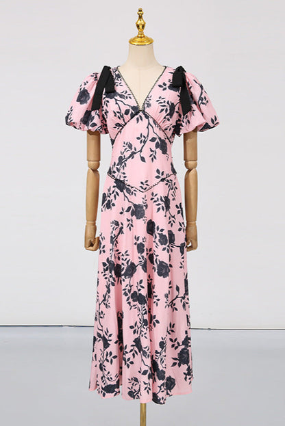 v-neck Satin Floral Midi Dress in pink