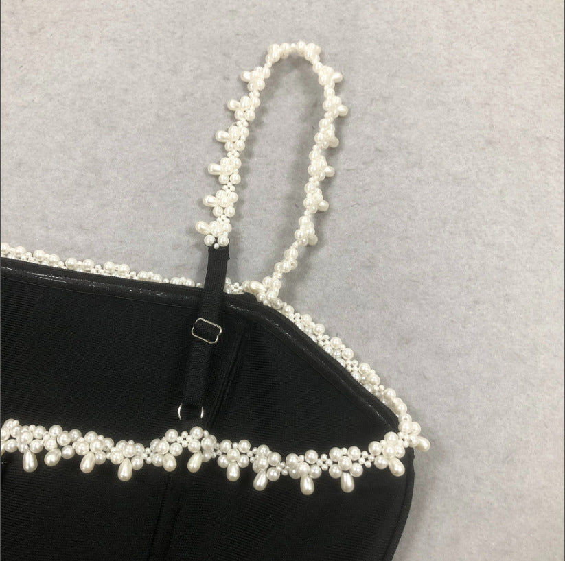 pearl embellished strap mini dress in black