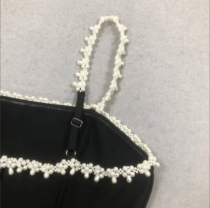 pearl embellished strap mini dress in black