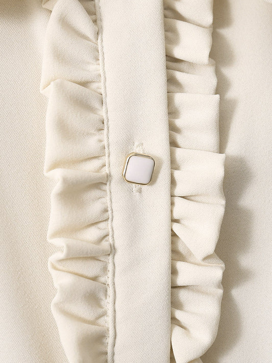 Cream Ruffled Peter Pan Collar Puff Long Sleeve Satin Blouse Elegant Office Ladies Shirt