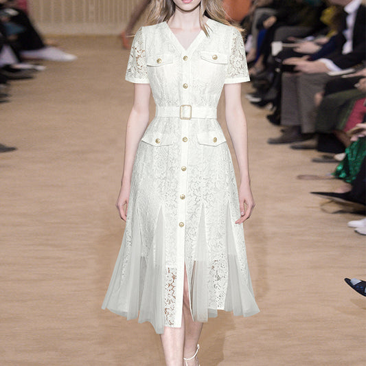 White Lace V-Neck Belted Midi Dress with Tulle Panels