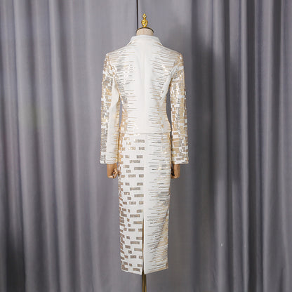 high-waisted skirt Gold sequin print blazer suit in white
