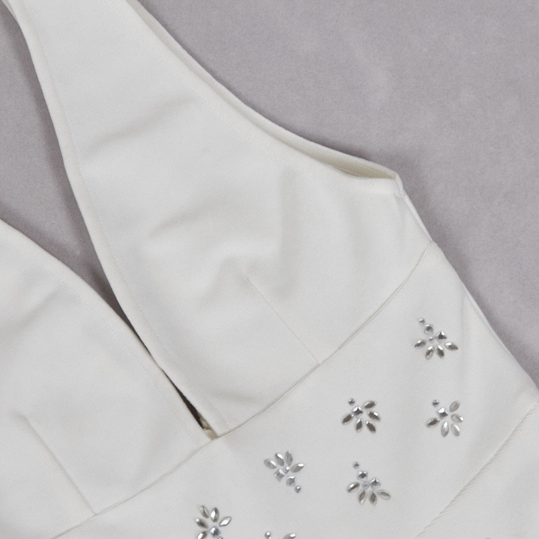 lily diamond V-neck midi dress in white