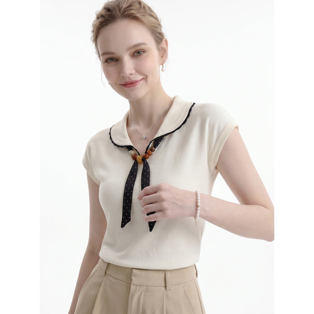 Scalloped Collar Polka Dot Bow Cap Sleeve Knit Top