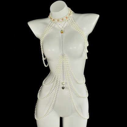 Cream Pleated Tulle Deep V Maxi Gown with Multi-Layer Pearl Body Chain