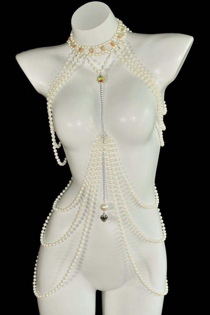 Classic long faux pearl dress, heart pendant, artificial crystal accessory, ladies' party banquet body chain