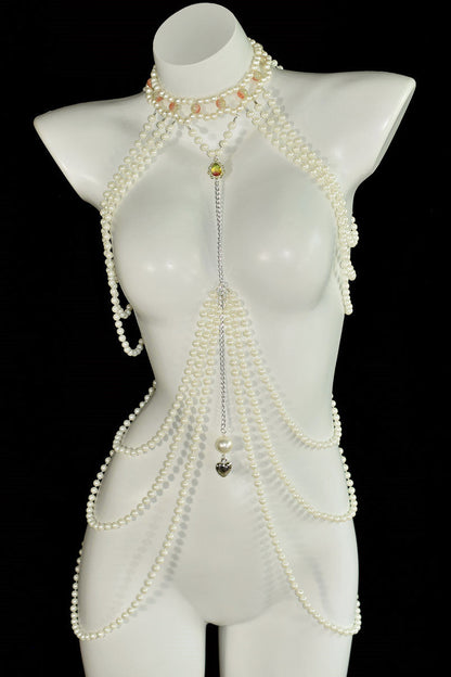 Classic long faux pearl dress, heart pendant, artificial crystal accessory, ladies' party banquet body chain