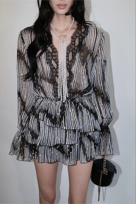 georgia Lace V-neck printed gold leather jacquard mini shirt dress - black