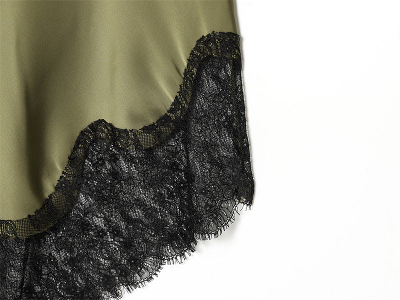 Olive Green Satin Asymmetrical Slip Dress with Black Lace Trim