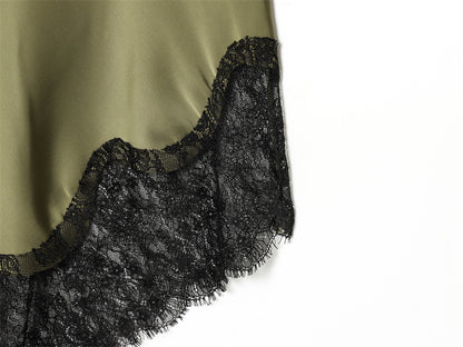 Olive Green Satin Asymmetrical Slip Dress with Black Lace Trim