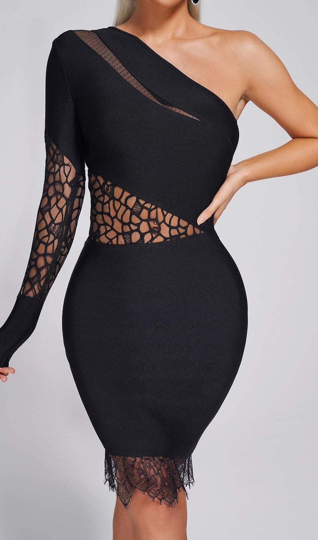 ONE SHOULDER INSERT LACE MIDI DRESS IN BLACK DRESS STYLE OF CB 