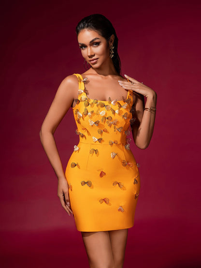 louise yellow Butterfly Embellished Bandage Mini Dress