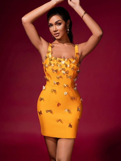 louise yellow Butterfly Embellished Bandage Mini Dress
