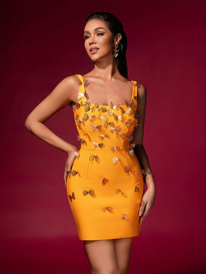 louise yellow Butterfly Embellished Bandage Mini Dress