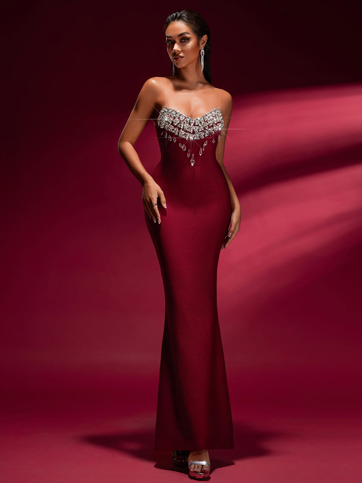 tina off-shoulder Crystal Applique Bandage Mermaid Gown in burgundy