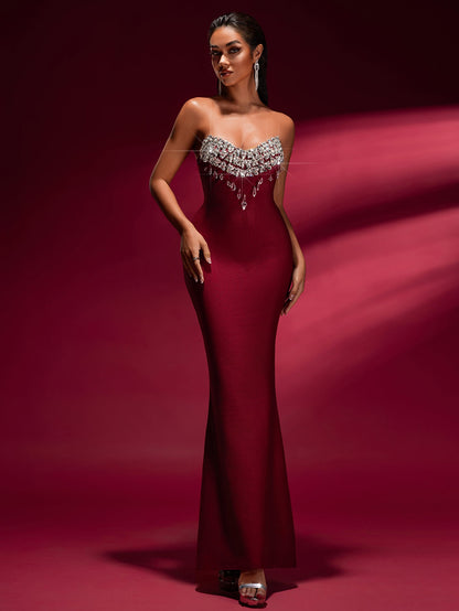 tina off-shoulder Crystal Applique Bandage Mermaid Gown in burgundy