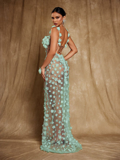 Oksana Spaghetti Flower Corset Maxi Dress In Green
