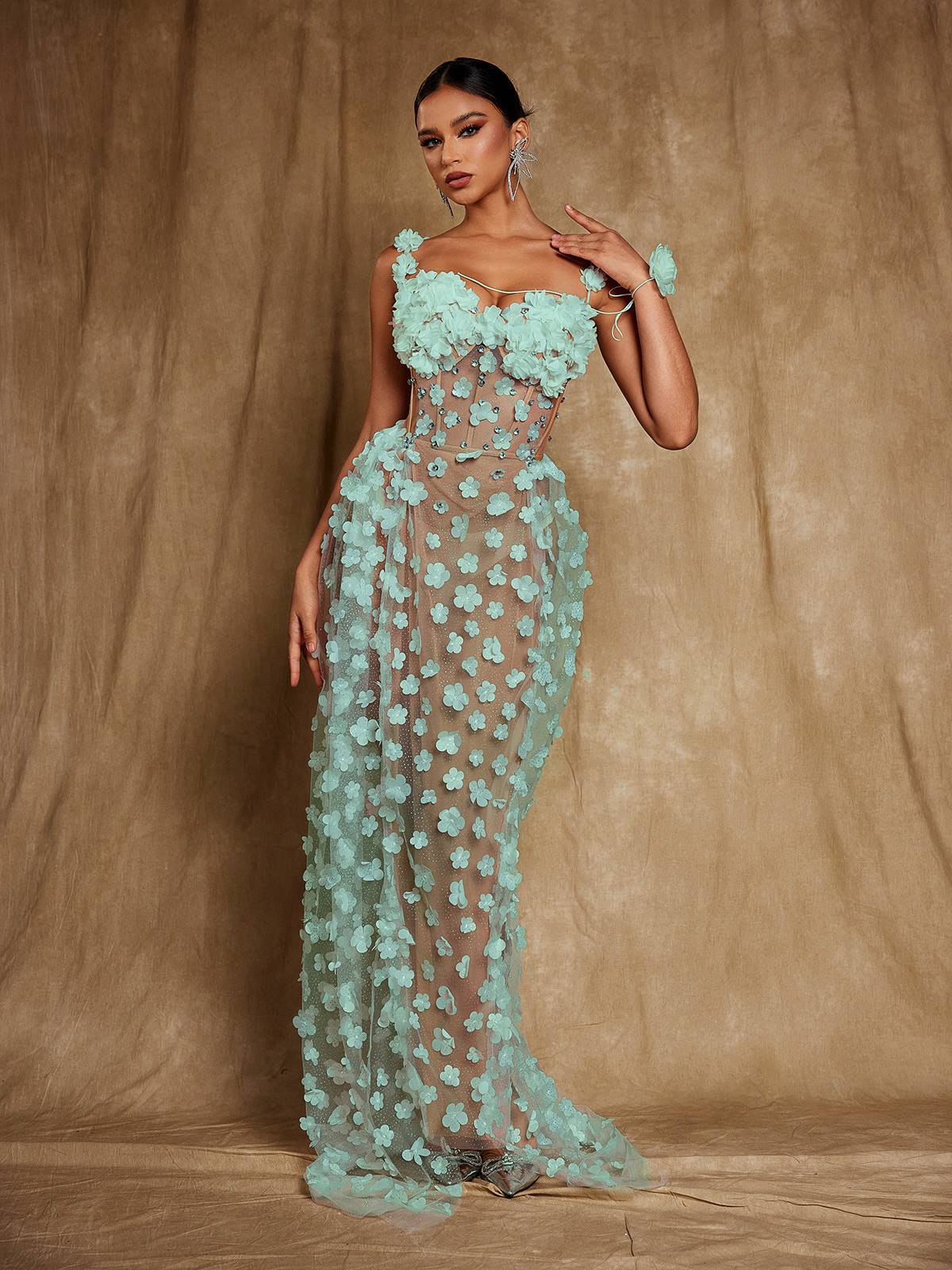 Oksana Spaghetti Flower Corset Maxi Dress In Green