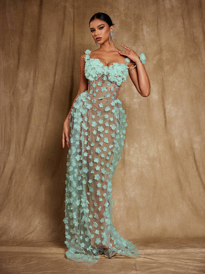 Oksana Spaghetti Flower Corset Maxi Dress In Green