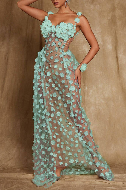 Oksana Spaghetti Flower Corset Maxi Dress In Green