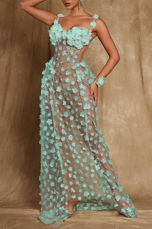 Oksana Spaghetti Flower Corset Maxi Dress In Green