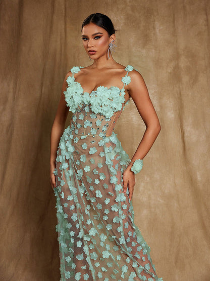 Oksana Spaghetti Flower Corset Maxi Dress In Green
