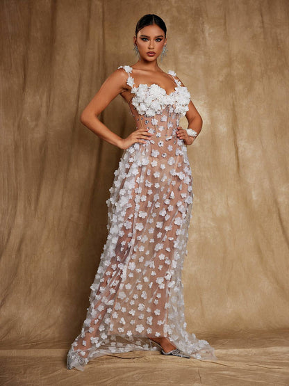 Oksana Spaghetti Flower Corset Maxi Dress In White