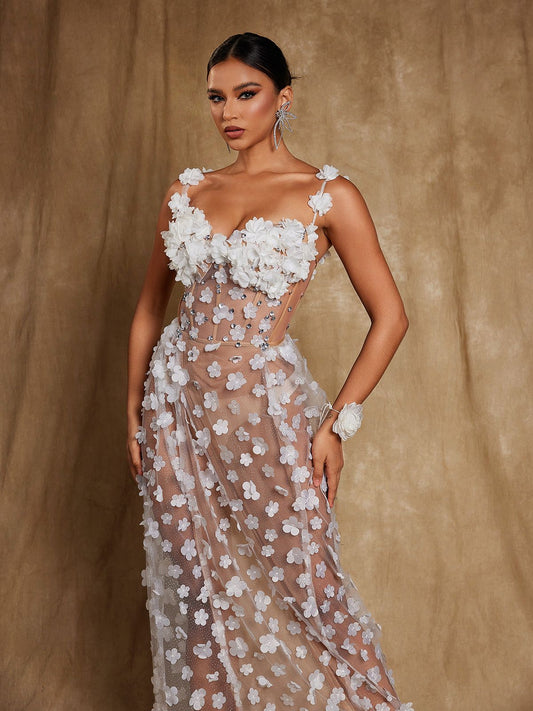 Oksana Spaghetti Flower Corset Maxi Dress In White