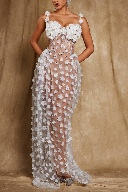 Oksana Spaghetti Flower Corset Maxi Dress In White