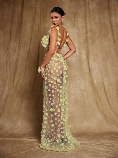 Oksana Spaghetti Flower Corset Maxi Dress In Yellow